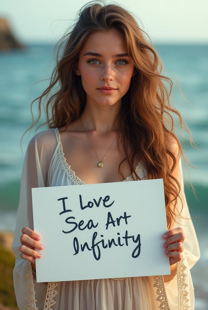 Beautiful girl with wavy long hair, bohemian dress, holding a white board with text "I Love Seaart Infinity" and showing it to the viewer