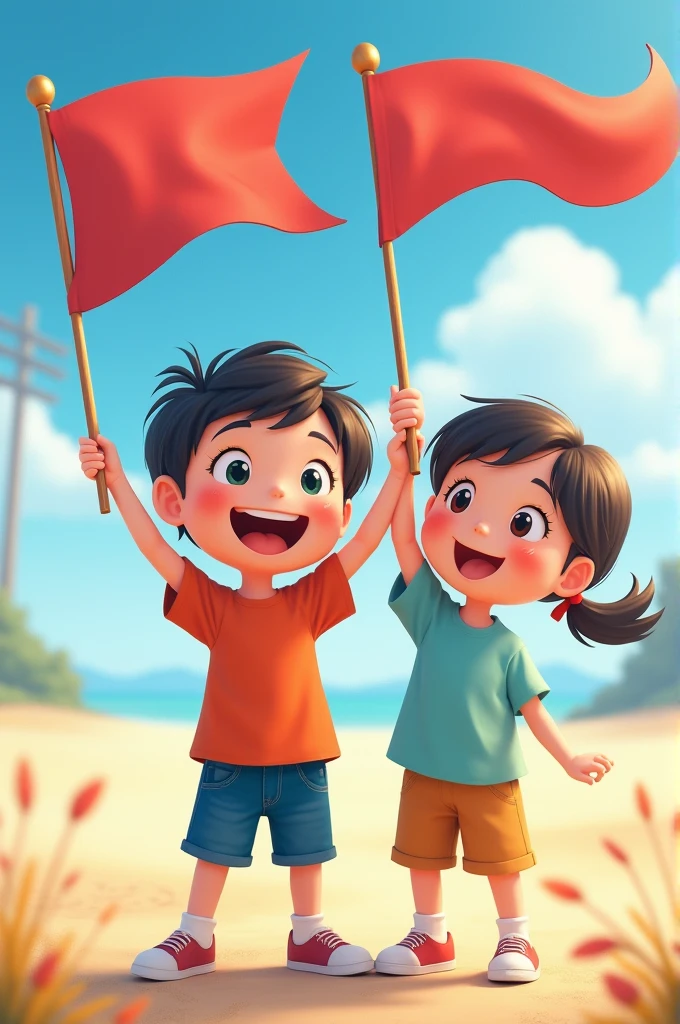 Two children holding red and white flags
