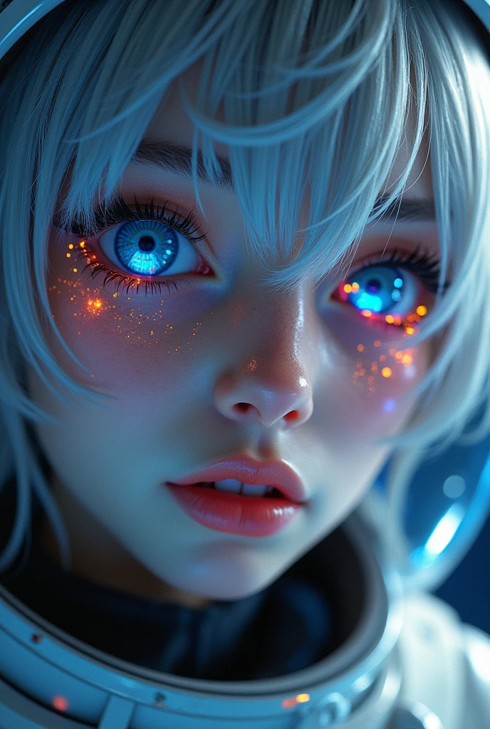 (Close-up of a better masterpiece:1.5)0.9], (Space and astronauts:1.2) (Messy silver hair:1.1) (Heterochromia xanthochromia and blue eyes:1.2) (Space Helmet:1.0) (Colored stars in the eyes:1.0) (A radiant glow:1.1) (thick lips:0.9)