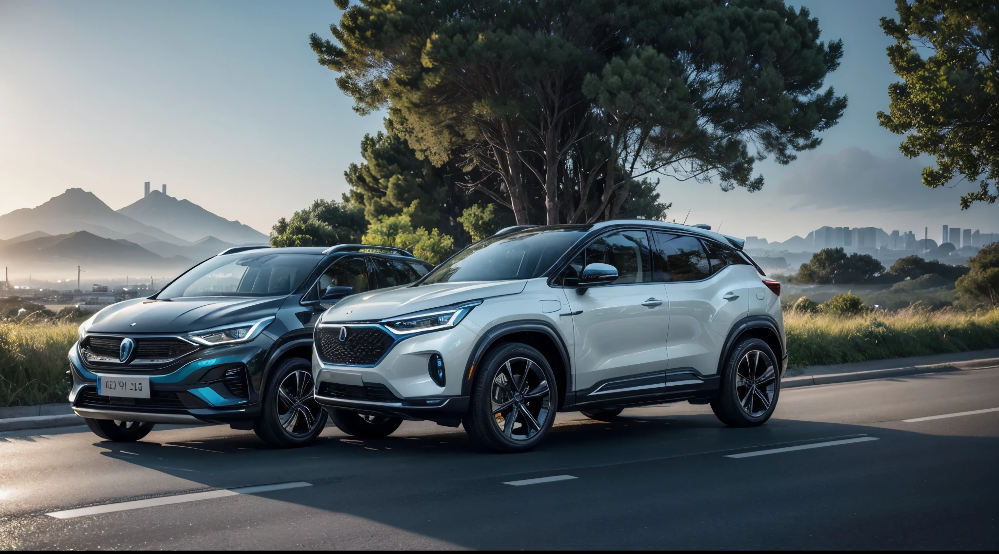"Image of a modern SUV and a futuristic electric car side by side on a modern highway, surrounded by nature and a cityscape in the distance. The designs are sleek and aerodynamic, with clean lines and smooth surfaces. The SUV is imposing, with large wheels and brushed metal accents, while the electric car is compact, with slim headlights and blue LED accents. The sky is clear and the surrounding vegetation is lush and green, suggesting sustainability. The atmosphere is one of innovation and technological advancement."