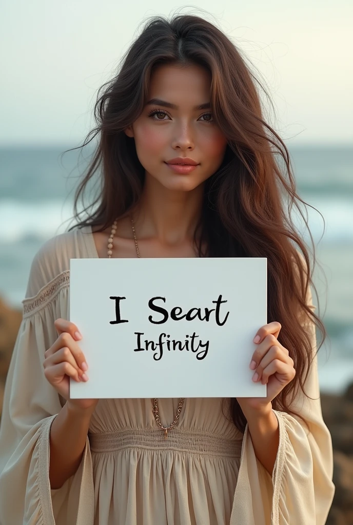 Beautiful girl with wavy long hair, bohemian dress, holding a white board with text "I Love Seaart Infinity" and showing it to the viewer