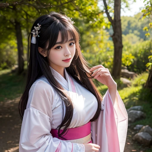 best quality, Delicate face，beautiful visual work, lifelike, eternity, black hair, Long curly hair, blunt bangs, Smile, Detailed Background, Delicate face，blush，cold，((masterpiece))、(top quality)、8k、high detail、Super detailed，41-year-old female，身穿唐制Hanfu、waist skirt, Clothes are light and fluffy，Hanfu, wide sleeves, Transparent sleeves, Tunic, Clothes made of chiffon, masterpiece、born、Scenes resembling fairy tale illustrations、intricate details和複雜的設計、Beautifully、magic、capricious、 Beautifully、Dream aesthetics、「𝓡𝓸𝓶𝓪𝓷𝓽𝓲𝓬、ethereal、charming、fickle、magic」、realism、Visual effects、FXAA、SSAO、Shader、voiceless、ambient lighting、Tone mapping、High resolution、Ultra high quality、Million pixels、(8K resolution:1.10)、8k、8k以下、8K resolution、high detail、intricate details， (high quality:1.2、masterpiece:1.2、:1.21)、(41-year-old female:1.21)、(興奮地Smile)、(被dream般的氛圍所包圍、Model diagram，full-body shot，Normal 2 feet，Put your hands behind you，The protrusion of the breast is visible when wearing clothes, Large Breasts, H cup chest, antiquity, Xian Xia, gauze clothes, Soft and fluttering, Fairy, dream, fantasy, light, Elegant, nature, Immortal, romantic, classical, ribbon, pink clothes, in tall woods, In the woods like a martial arts drama, Don&#39;t show your fingers, full-body shot，floor length skirt, full-body shot，full-body shot，full-body shot，full-body shot，full-body shot，full-body shot，full-body shot，hands hidden in clothes, hands hidden in clothes,hands hidden in clothes,hands hidden in clothes,hands hidden in clothes,hands hidden in clothes,hands hidden in clothes,hands hidden in clothes,hands hidden in clothes,