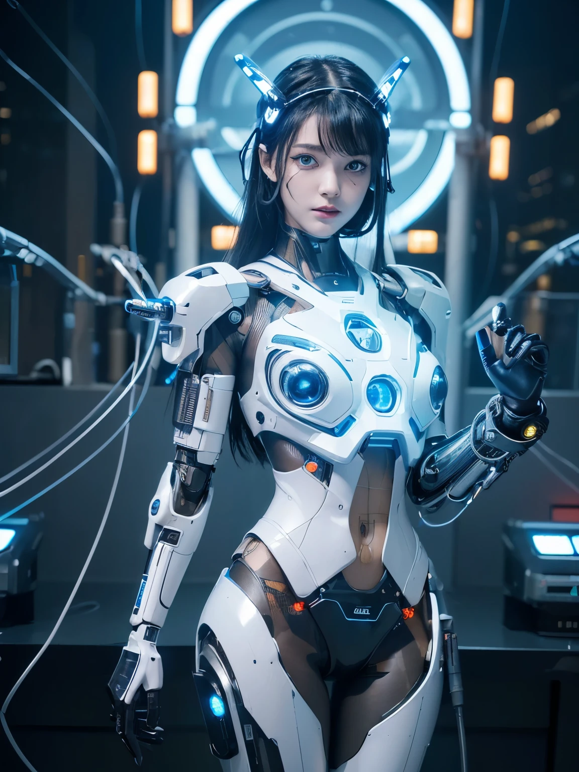 (Highest quality, High resolution, masterpiece:1.2), Very detailed, Realistic:1.37, (Perfect Anatomy),One Girl, Cowboy Shot, Cute and beautiful 18 year old Japanese girl,Standing posture,(Transformed into an assassination cyborg weapon:1.2),Laughter,(blue led eyes:1.2),sleep mode.,Beautiful skins, Detailed facial features, Complex Hair, (Headgear with lots of cables:1.4), (A futuristic cyborg body made entirely of black PVC.:1.4),(Detailed electronic circuits inside the body are clearly visible:1.4),(The electronic circuits inside the body light up),Attention to detail in costumes,Metal Necklace, Seductive makeup,Silver short hair,cyber punk,Cybernetic、(j wicked make up:1.3),,(The background is the inside of a cyborg transformation operating room...).