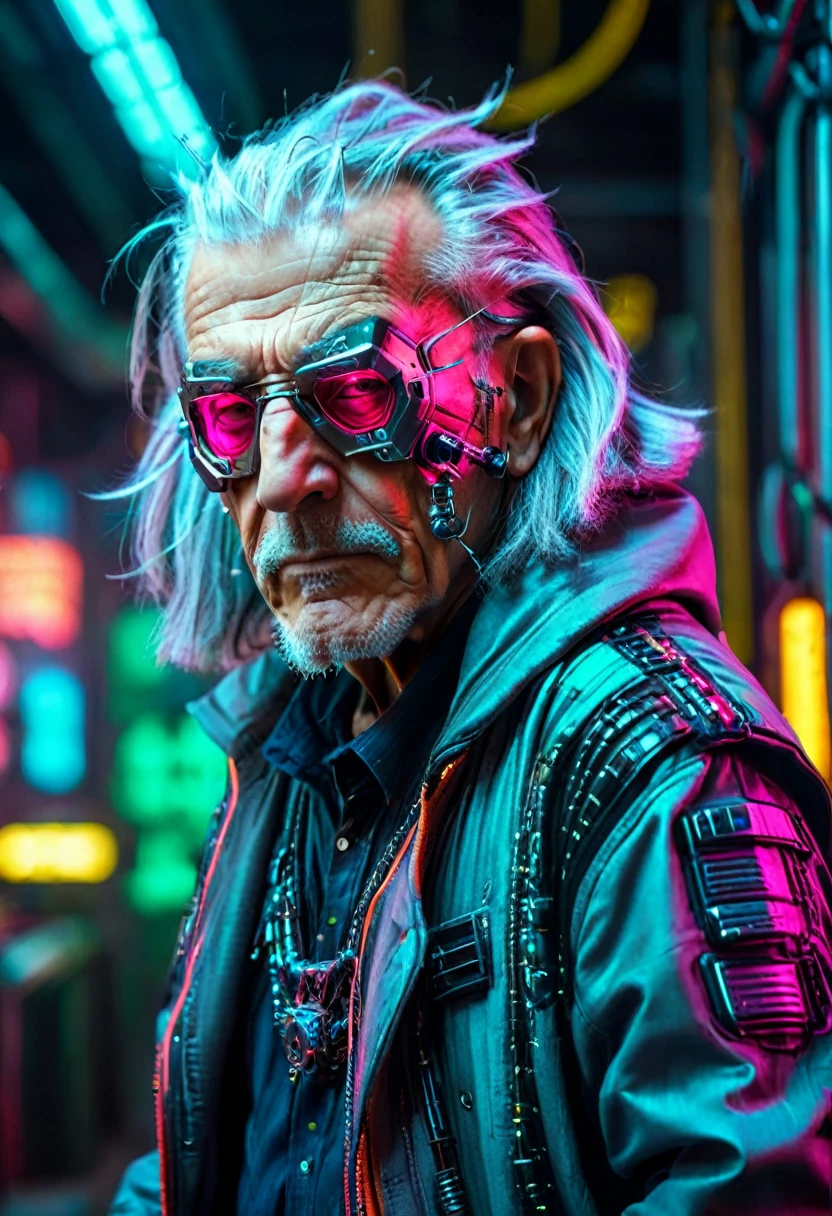 Ultra-Realistic Capture,18k,RAW Photos,Highest quality,masterpiece,reality,Very detailed,Sharp Photos,cyber punk,cyber punk,Soft lighting, Cinematic shots, Vibrant colors, Gorgeous colors, (1 person,Elderly men:1.2), wise,Gray Hair,Long Hair,Detailed Background, Detailed face,Mechanical Clothes,neon,Acrobatic Pose,mask,