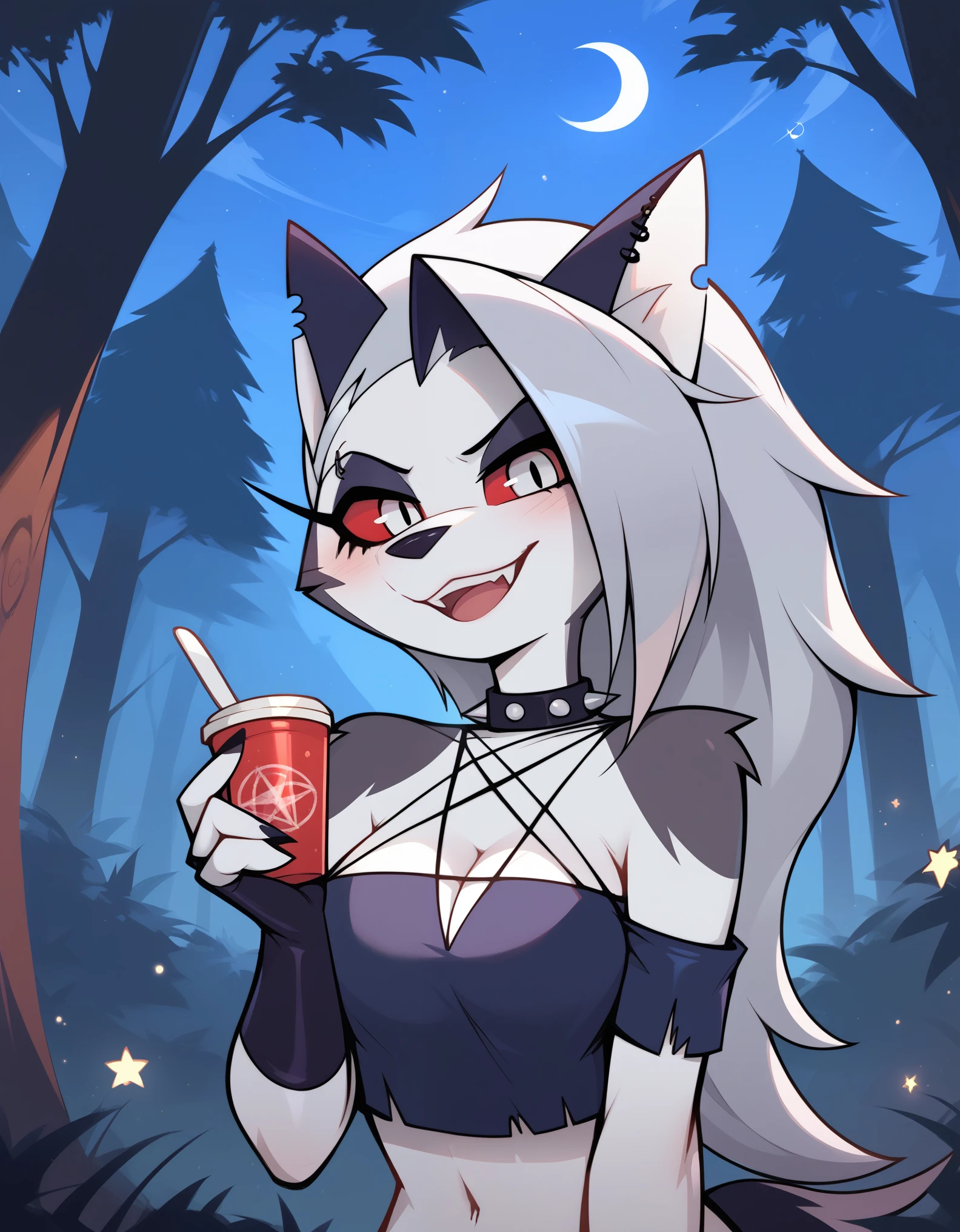 score_9_up, score_8_up, score_7_up,  rating_safe, furry, anthro, solo, loona(jizokumode), hellhound, red sclera, loona (helluva boss), tanktop, fingerless gloves, excited, blep, forest, night, stars, crescent moon, solo, forced smile, 4 fingers, inverted pentagram,