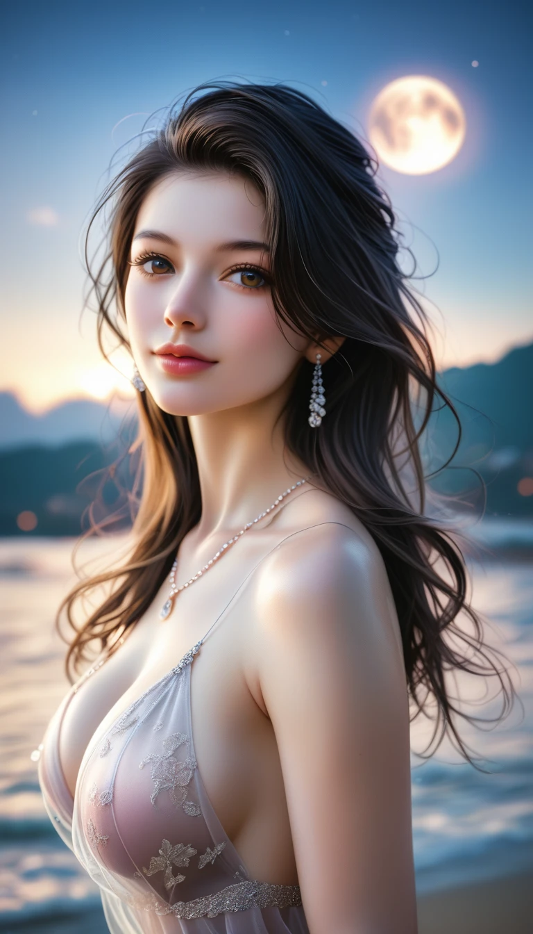 score_9, score_8_superior, score_7_superior, A masterpiece in 32K resolution,Highest quality,it is really amazing,Very detailed,Ultra-high resolution,Ultra-realistic,Realistic,Increased depth of field,Cinematic lighting,
Sexy Japanese Adult Women,
black straight medium hair,Ultra-detailed and beautiful face,Gentle expression,Translucent white skin,Realistic skin texture,
Elegant swimwear,
Bold design,Artistic design,Beautiful and detailed pattern,Detailed fabric texture,
Gorgeous necklace,Earrings,
Coastline at night,Giant Moon,Dark clouds floating in the dark night sky,
Cinematic Angle,Beautiful back view,