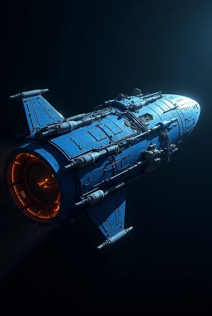 A spaceship carrying huge cargo,A gigantic spaceship several kilometers long,Wingless,Blue Spaceship,There are no windows.,Precision machinery can be seen through gaps in the exterior,Huge rocket engine,