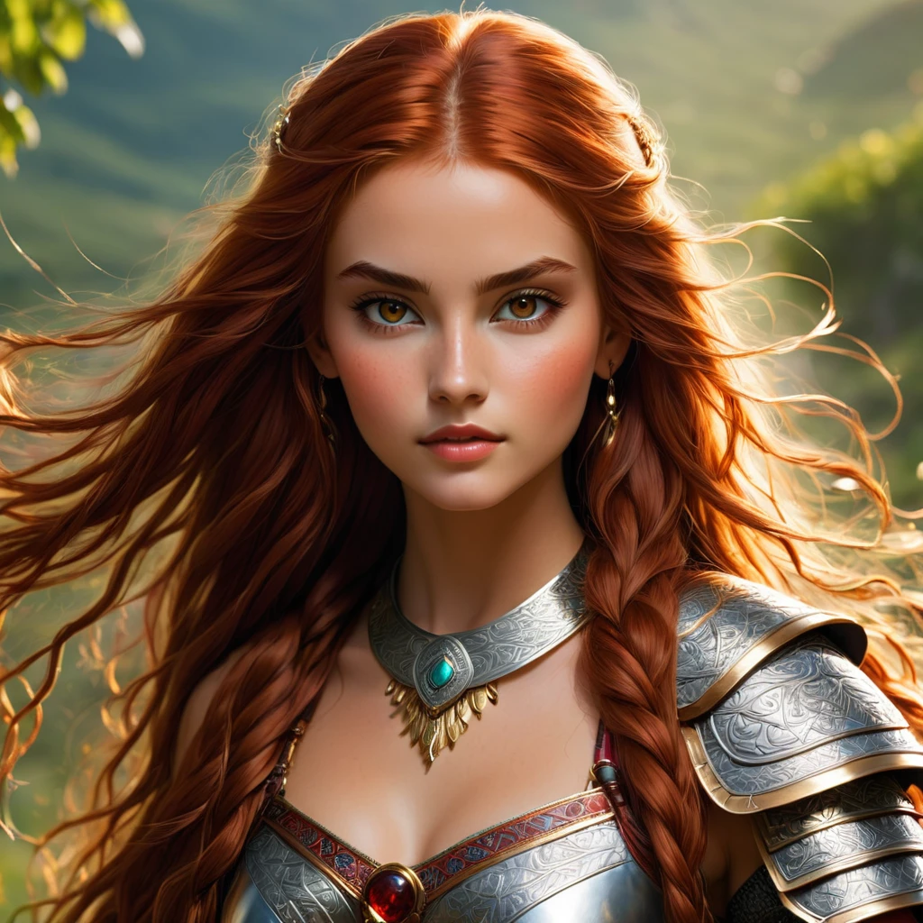 an image Nayane Laura Menequel XX weeks 13, a beautiful young woman with a friendly warrior appearance, detailed light honey eyes, long red hair, thin waist long legs