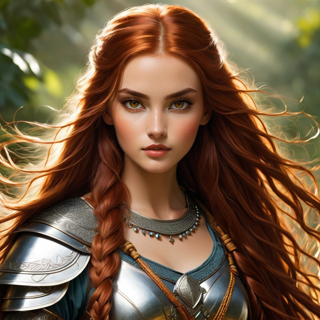 an image Nayane Laura Menequel XX weeks 13, a beautiful young woman with a friendly warrior appearance, detailed light honey eyes, long red hair, thin waist long legs