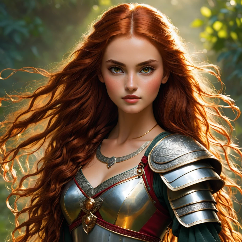 an image Nayane Laura Menequel XX weeks 13, a beautiful young woman with a friendly warrior appearance, detailed light honey eyes, long red hair, thin waist long legs