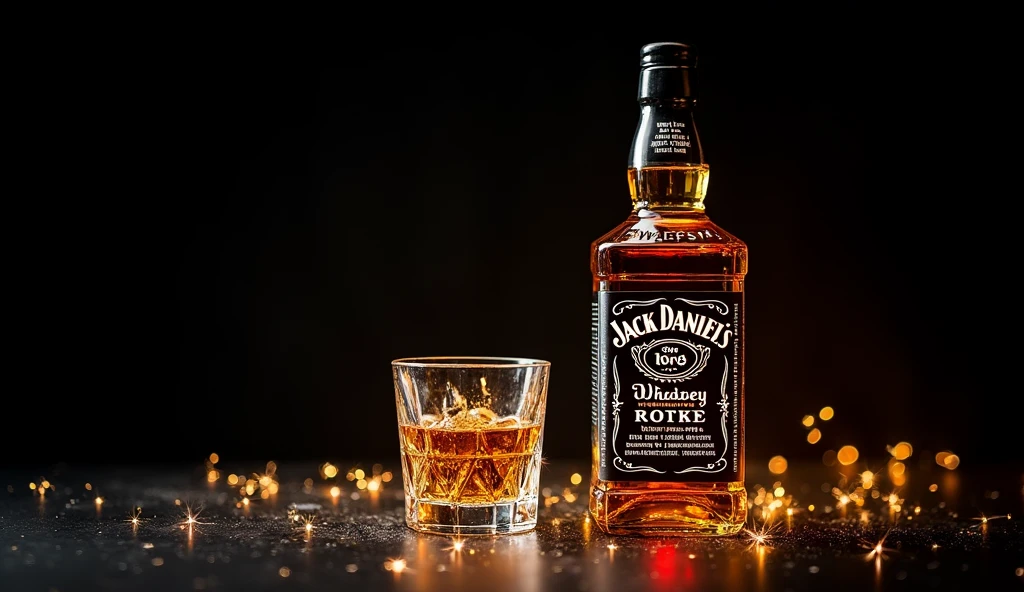 wiskey bottle jack daniels and glass with a black background and sparkles