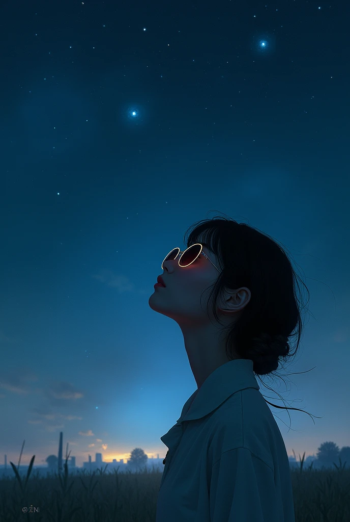 [Core Concept]
A young woman gazes up at the vast, starry night sky, her eyes concealed behind a pair of stylish sunglasses.

[Character Description]
The girl is depicted as a youthful, elegant figure, her features softened by the dim, ethereal lighting of the night. Her expression is one of wonder and contemplation as she takes in the grandeur of the cosmos above.

[Environment/Background]
The scene is set against a serene, nocturnal landscape, with the girl situated in an open, tranquil outdoor setting, perhaps a grassy field or a secluded hilltop, allowing for an unobstructed view of the celestial expanse.

[Style and Atmosphere]
The overall atmosphere is one of serenity and introspection, with a dreamlike, almost surreal quality to the scene, enhanced by the use of muted, moody tones and a sense of timelessness.

[Composition]
The composition places the girl at the center of the frame, her upturned gaze drawing the viewer's attention towards the captivating night sky, creating a sense of scale and wonder.

[Details and Embellishments]
Subtle details, such as the gentle breeze rustling the girl's hair or the faint glow of distant stars, add depth and realism to the scene, further immersing the viewer in the tranquil, contemplative moment.

[Technical Specifications]
The image is rendered with a high level of detail and precision, utilizing a combination of photorealistic and stylized elements to create a visually striking and emotionally evocative representation of the scene.