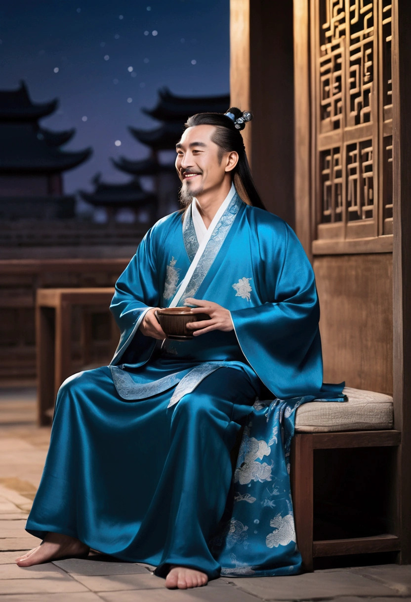 A middle-aged male poet from the Tang Dynasty, 44 years old,Brunette color hair,Dressed in Tang Dynasty costumes, Long white hair, Wearing a blue robe, Please wear cloth shoes, Lying on a chair, Gazing at the night sky, Laugh and drink, Autumn Night, There are stars, Chinese ancient architecture, A bold artistic concept,