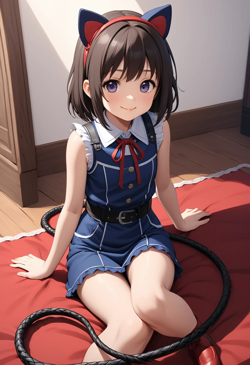 (((Pixel Perfect,Perfect in every detail))), A girl around ,smile,Cute Costumes,NSWF,A cute leather whip，whip，cinematic，whipを手に持っている，