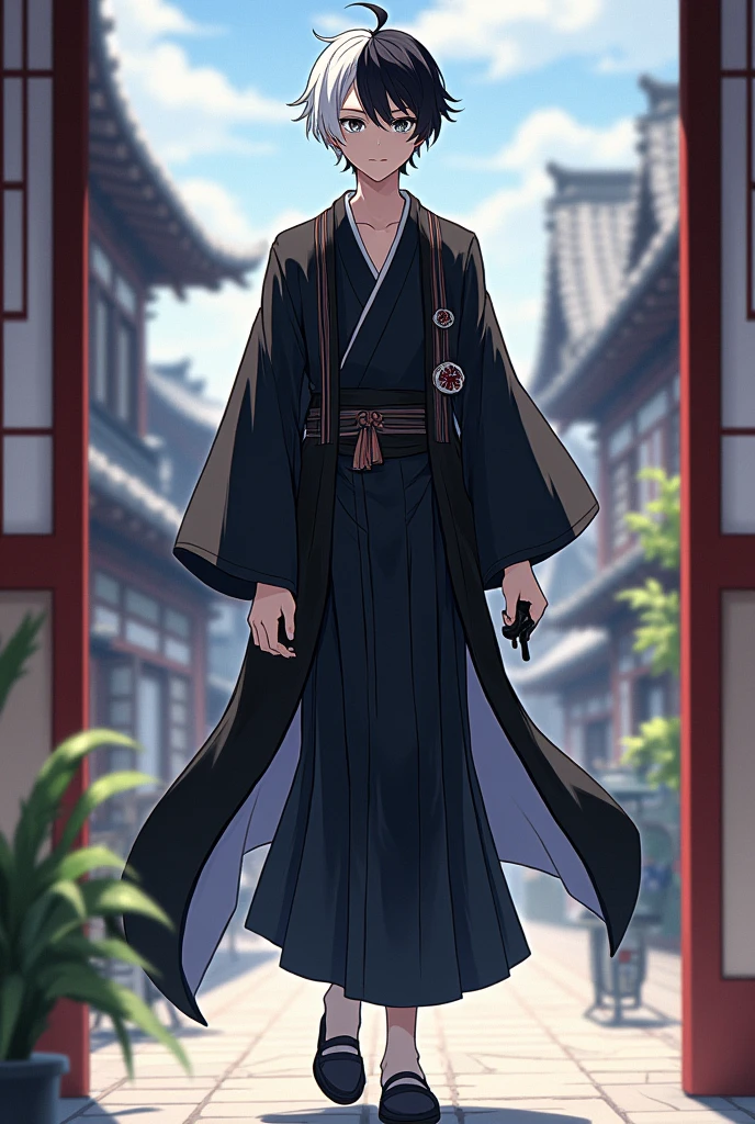 Kenja Ashura a handsome elegant Assassin with short black and white hair kimono styles of Chuya from Bungou to Alchemist with white eye color with black shoes cheerful and elegant personality and very good
