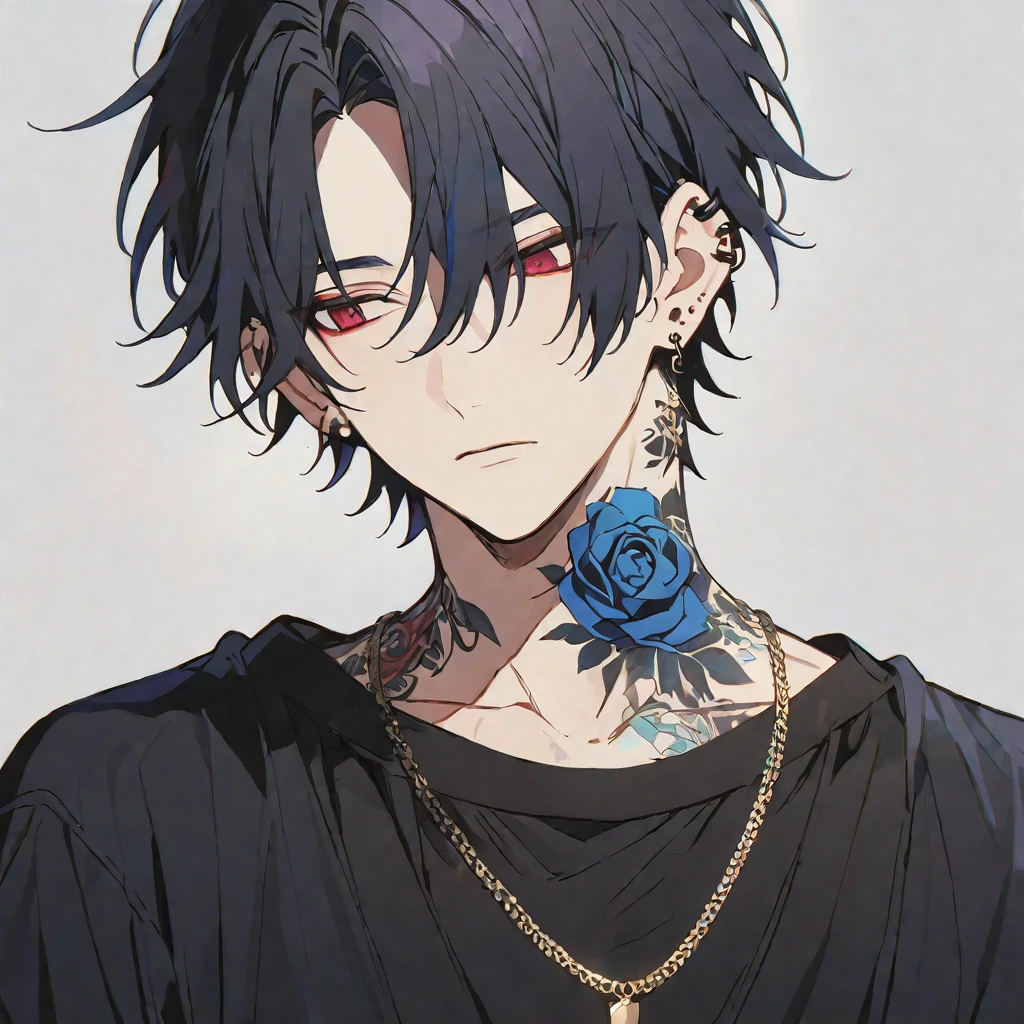 alone, 1 male, Black Hair, Red eyes, Black Shirt, ear piercing,Blue rose tattoo on neck,Gold Necklace