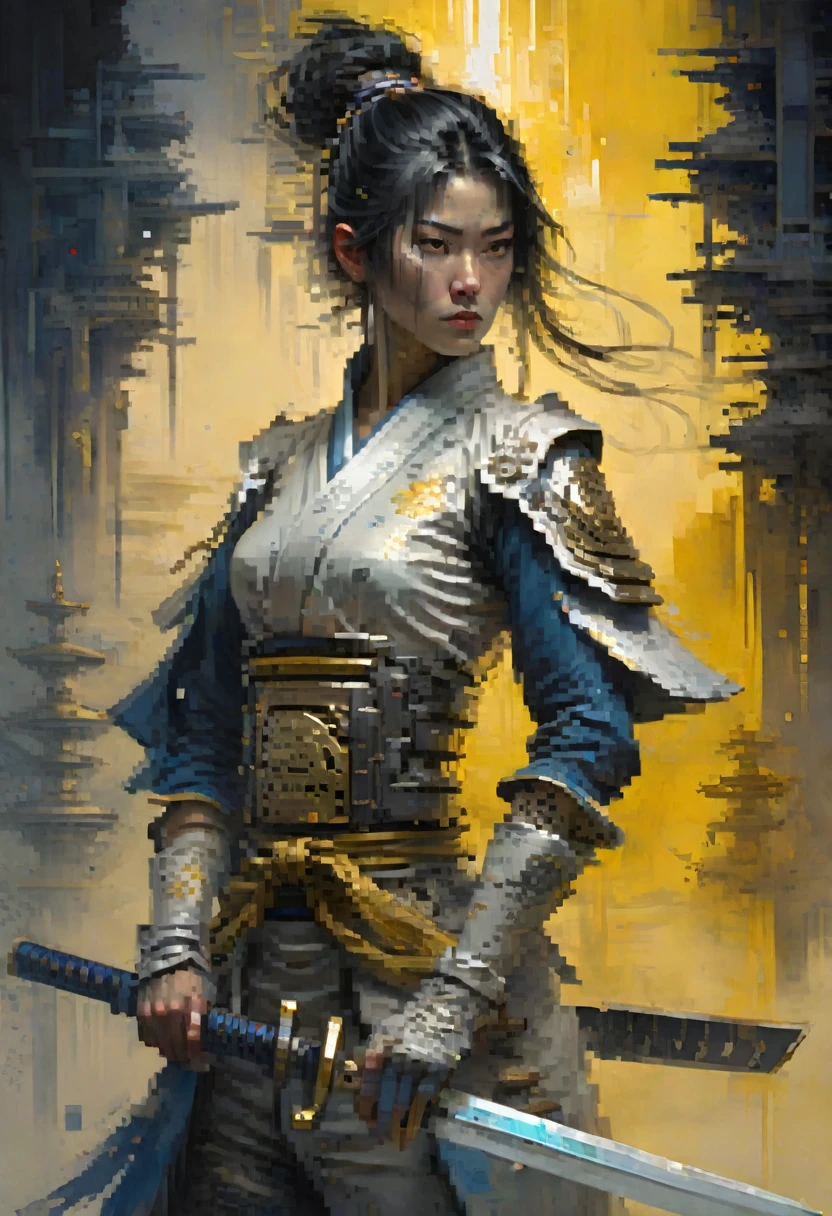 Samurai woman inspired on blockchain technology and videogames with a very big sword bigger than her like on Bleach movie and gueisha costumes, hollow enemies surrounding her, high tech futuristic mysterious atmosphere, deep dark blue and golden yellow, 4D, 8K, surrealism photorealistic, dreamlike, big and complex composition storytelling, masterpiece, artwork by Bernie Wrightson, artwork by Jeremy Mann, Impressionism