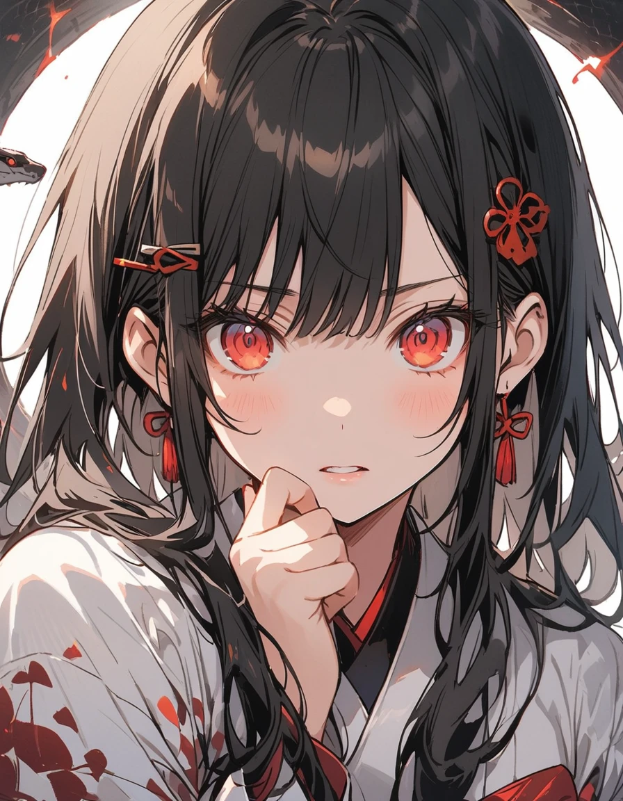 Japanese、One Woman、Long black hair、Japanese style anime touch、Hairpin、snake background、Scary atmosphere、mysterious