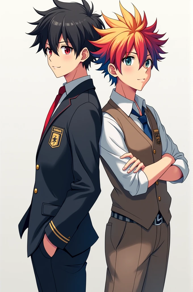Black haired anime boy next to one with curly hair with highlights