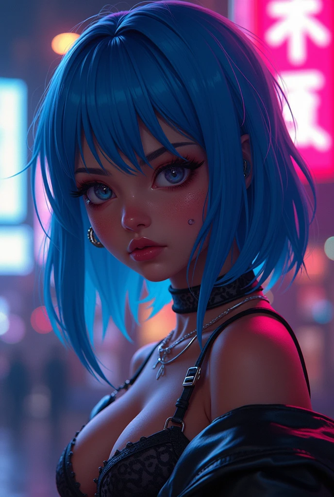 uma mulher de 20 anos, with short blue hair, dark purple eyes, skin fair, wearing clothes in the style of the Arcane series