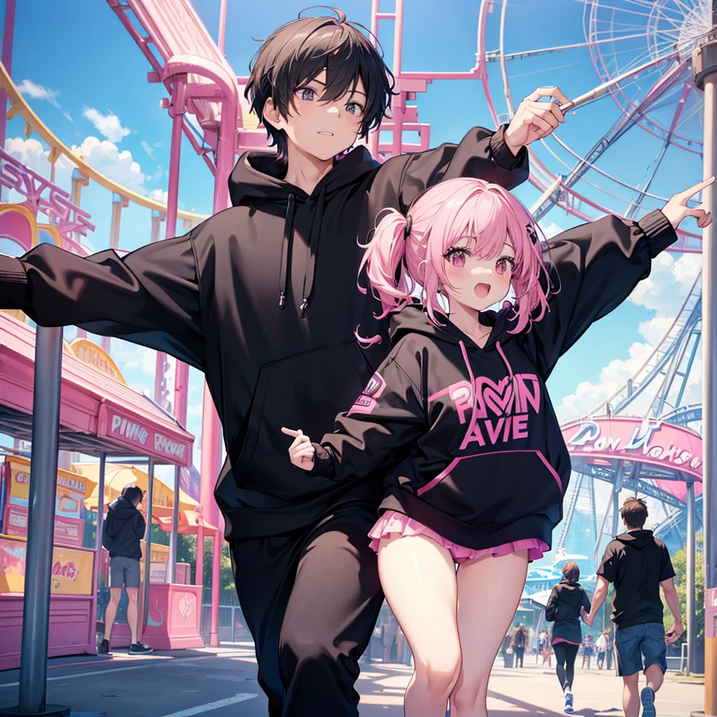 Two couples,((Running around at an amusement park,Matching hoodies,Black with pink points)) woman,pull a man's hand,Very smiling,running,Happy looking man,womanに引っ張られる,Male perspective love,Anime Style,Delicate expression,pop