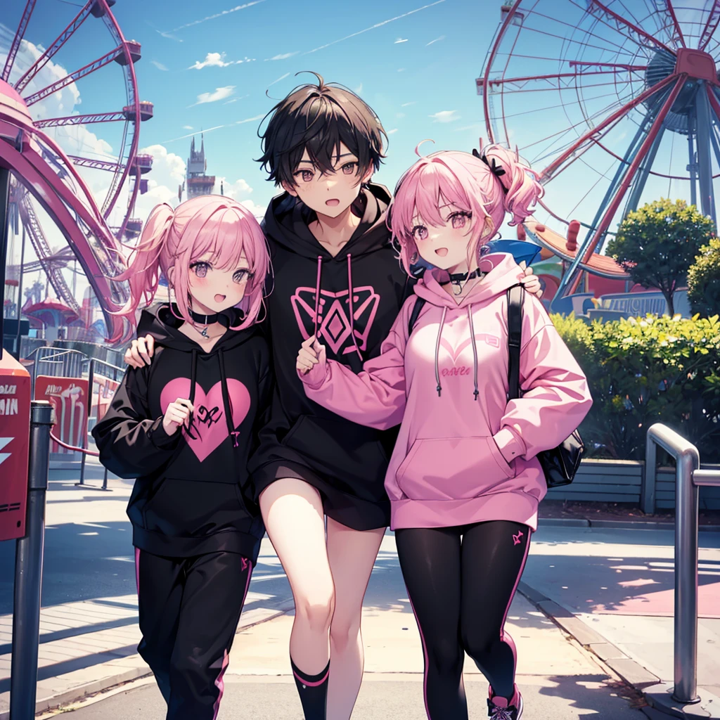 Two couples,((Running around at an amusement park,Matching hoodies,Black with pink points)) woman,pull a man's hand,Very smiling,running,Happy looking man,womanに引っ張られる,Male perspective love,Anime Style,Delicate expression,pop