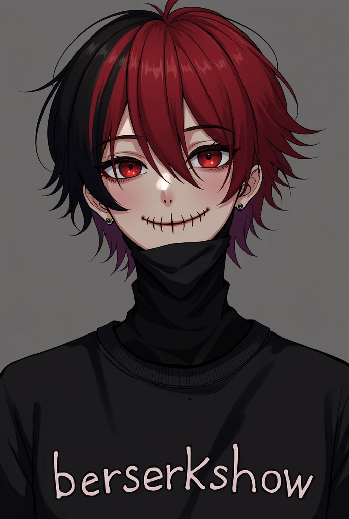 BTS's Jeon Jungkook inspired character with a red eye, a macabre smile, On a neutral dark background, Two hair colors red and black, with a sweatshirt written "berserkshow", and a mask covering only the mouth