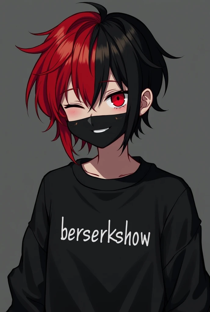 BTS&#39;s Jeon Jungkook inspired character with a red eye, a macabre smile, On a neutral dark background, Two hair colors red and black, with a sweatshirt written "berserkshow", and a mask covering only the mouth

