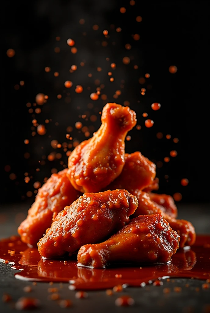 Generates an image of too many delicious BBQ chicken wings, the sauce overflows, It is a delicious explosion of flavors and visuals. The background should be black and the colors warm