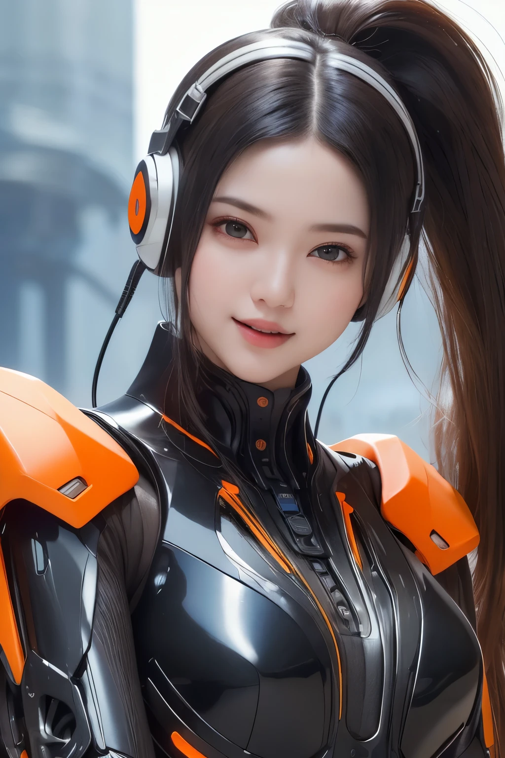 Top Quality, Masterpiece, Ultra High Resolution, (Photorealistic: 1.4), Raw Photo, 1 Girl, Black Hair, Glossy Skin, 1 Mechanical Girl, (((Ultra Realistic Details)), Portrait, Global Illumination, Shadows, Octane Rendering, 8K, Ultra Sharp, Intricate Ornaments Details, realistic skin, sweat effect, ((wearing Headphone)), very intricate detail, realistic light, CGSoation trend, brown eyes, glowing eyes, matte black and glossy orange mechanical bodysuit, Long hair, black hair, Ponytail hair, Half body shot, spaceship bridge background, dynamic pose, cute smile, close up, Open Mouth, facing audience