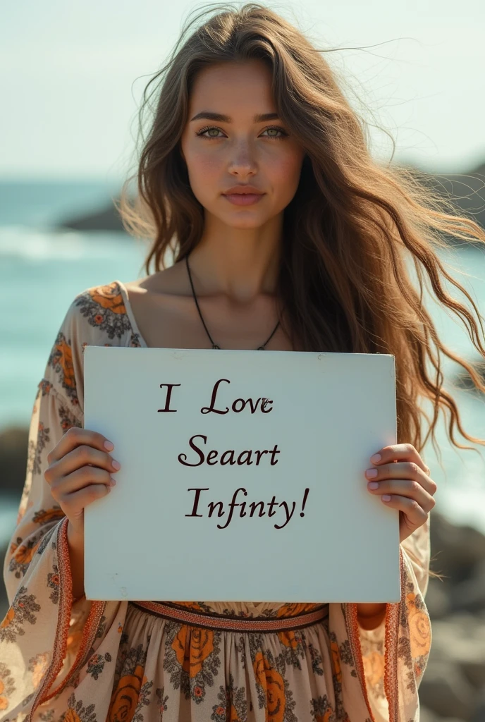 Beautiful girl with wavy long hair, bohemian dress, holding a white board with text "I Love Seaart Infinity" and showing it to the viewer