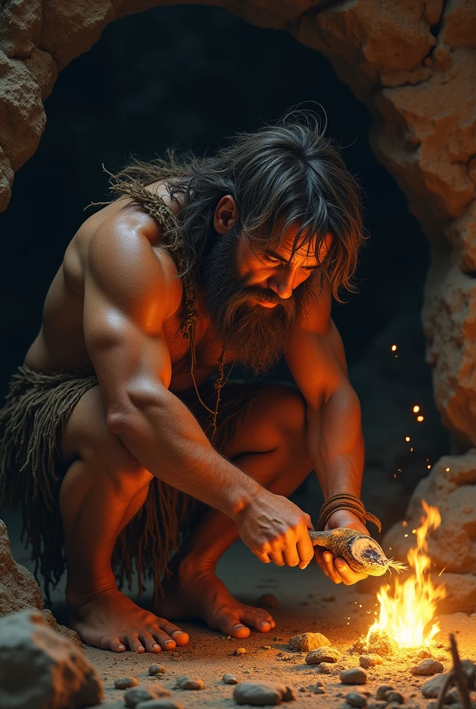 Image of a caveman cutting his hair with an oyster shell