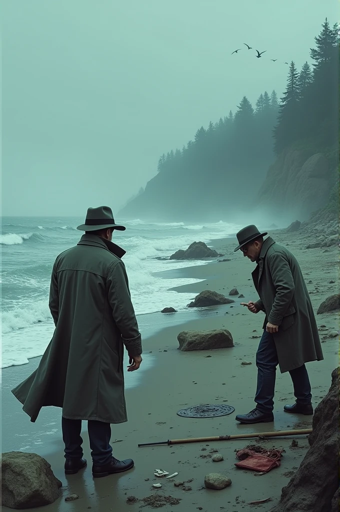 comics style criminal investigation investigating a crime scene on a secluded beach in the gloomy morning