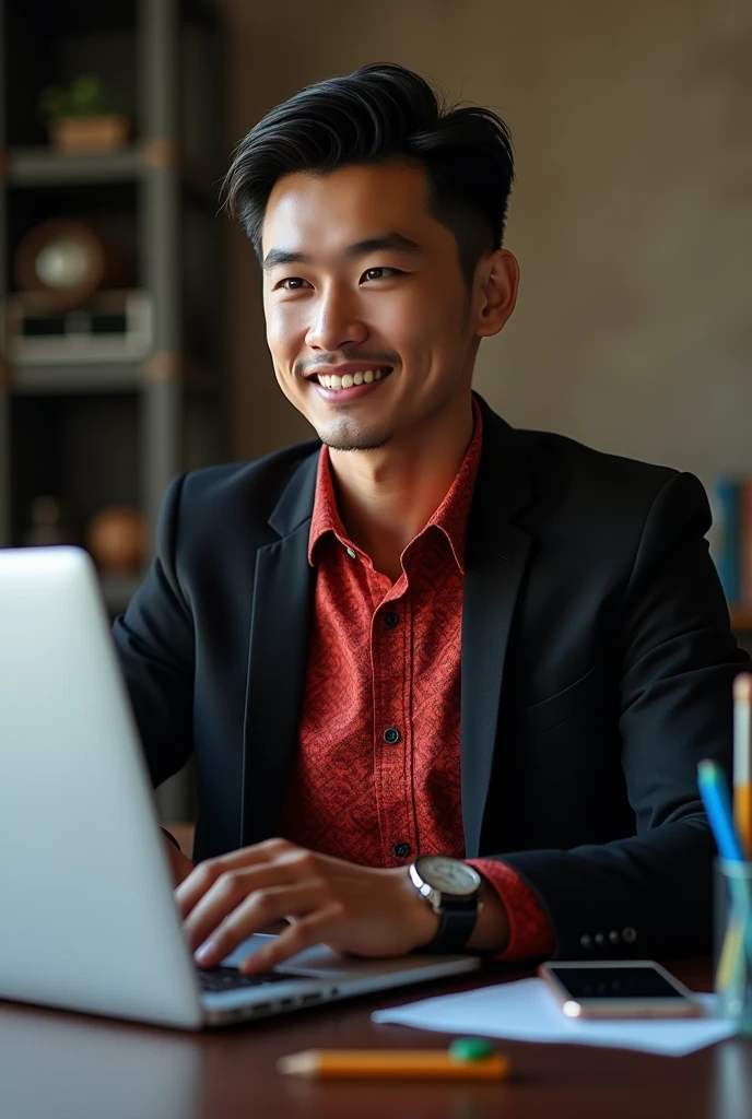 Raw, a handsome young man from Java, 25 years old, with short black hair neatly combed, a clean face, wearing a red batik shirt, a black jacket, who is sitting in front of a laptop with the Asus logo that is displaying a forex trading chart on his desk, beside him there is a cellphone and some office stationery.
