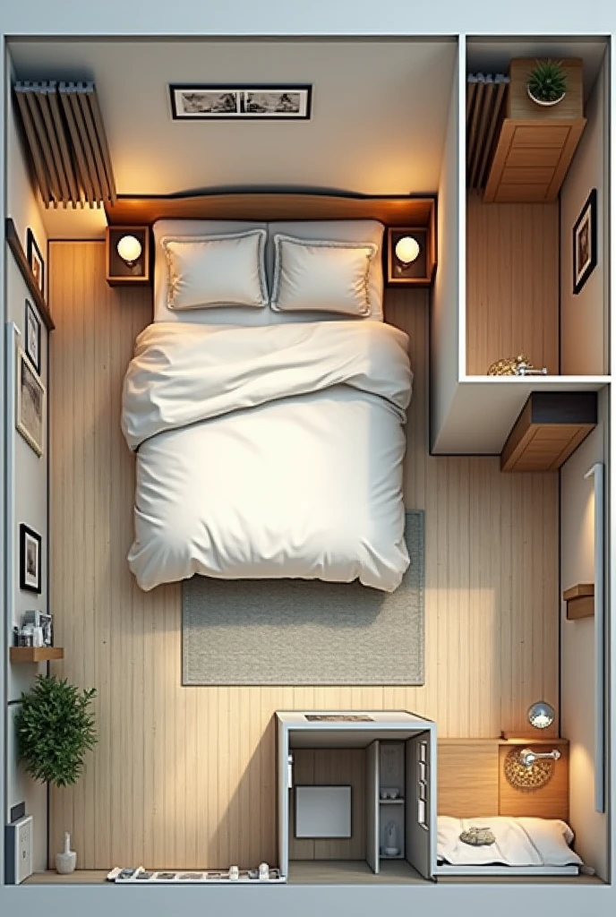 "Create a realistic, detailed interior scene of a bedroom with attached bathrooms and small adjoining spaces. The main bedroom is spacious, with a large bed placed centrally against the wall. The room dimensions are approximately 22.54 square meters, with a length of 5.425 meters and a width of 4.154 meters. The bed is oriented towards the lower wall of the room.

To the right of the bed is a small room, which seems like a compact closet or storage space, measuring approximately 5.28 square meters with the walls around it being 3.053 meters and 1.731 meters.

On the left side of the bed is a small, narrow space, possibly another closet or a small study nook, which measures about 3.416 square meters.

At the lower part of the floor plan, there's another room that appears to be a bathroom or a small utility space, measuring approximately 9.3 square meters, with its longest wall being 3.956 meters.

Use neutral, warm tones for the flooring and walls, ensuring that the room feels cozy and lived-in. Add typical bedroom furniture like bedside tables, lamps, and perhaps a soft rug under the bed. The room should also have soft lighting to enhance the realistic feel. Keep in mind the layout and specific dimensions provided."

