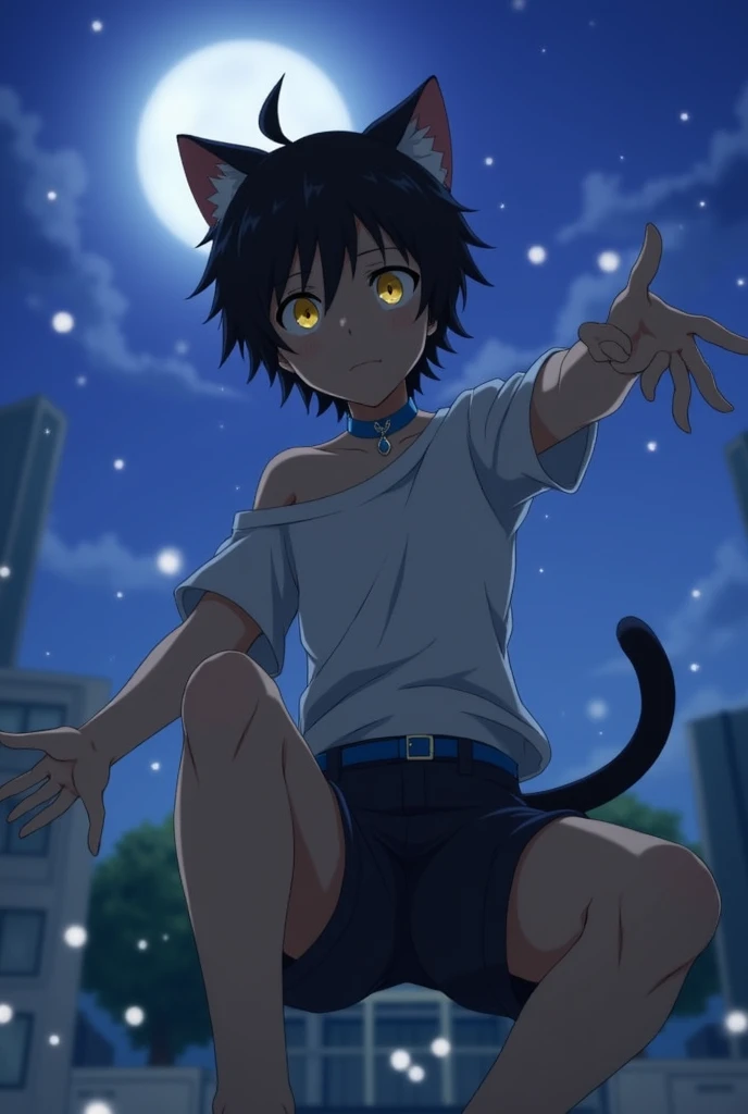 score_9,score_8_up,score_7_up,score_6_up, source_anime, 1boy, animal ears, solo, cat ears, cat tail, black hair, short hair, yellow eyes, blue necklace, closed mouth, furry, cat boy,
claws, off shoulder,
from below,
full body, sad eyes,
depth of field, blurry, foreshortening,
dappled moonlight, outdoors, , scenery, moonlight, night sky, bioluminescence, in the city,
masterpiece, best quality, very aesthetic, absurdres