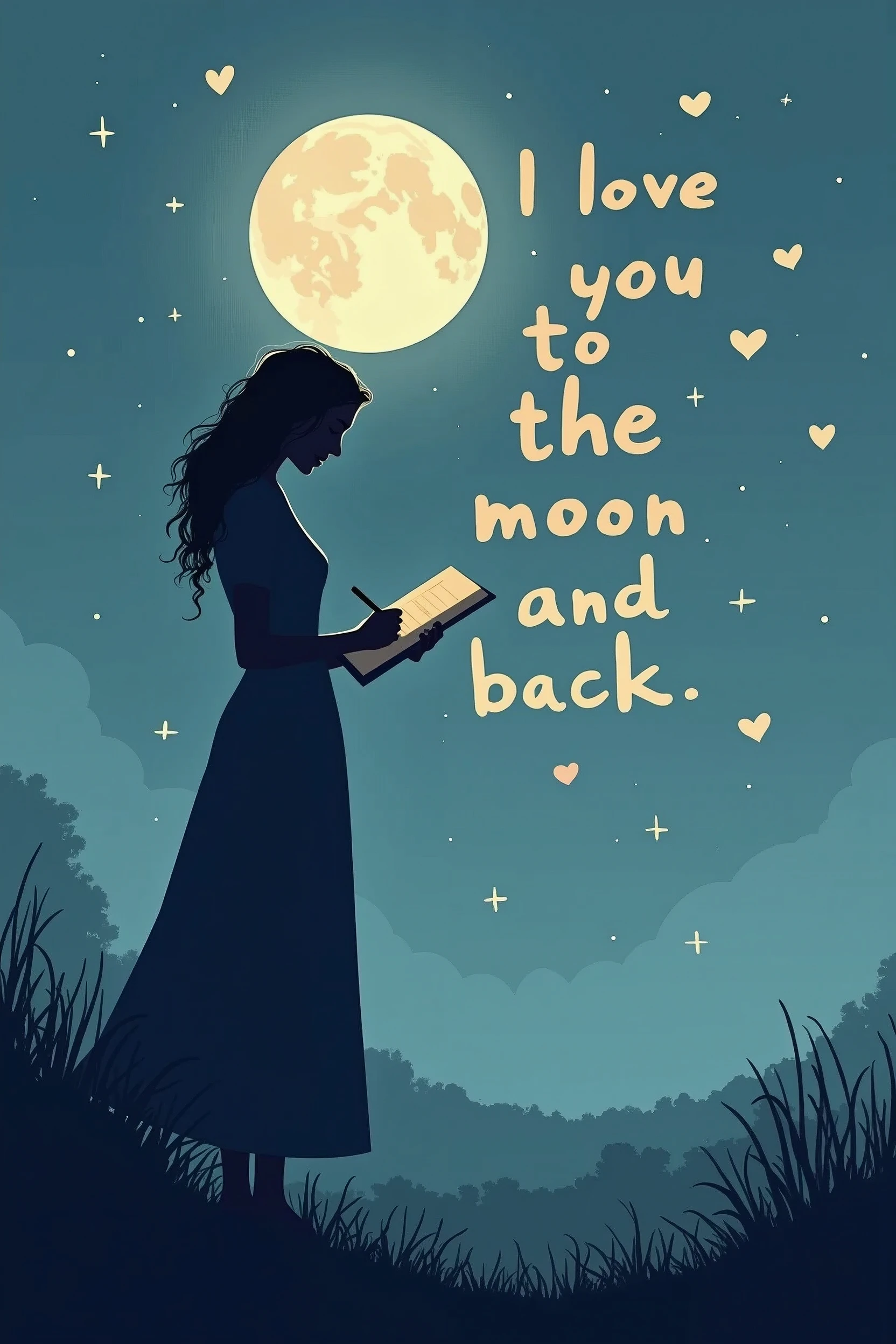 A flat illustration of a woman under the moonlight, writing a letter for her dead lover, letters filled with words that softly flies away toward the moon, soft bold typography that says "I love you to the moon and back"