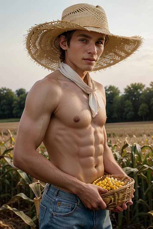 Young handsome cute white white skin smooth skinny beautiful face shirtless skinny In a corn field collecting corn in a basket holding in his hand cowboy hat bandana protecting his neck