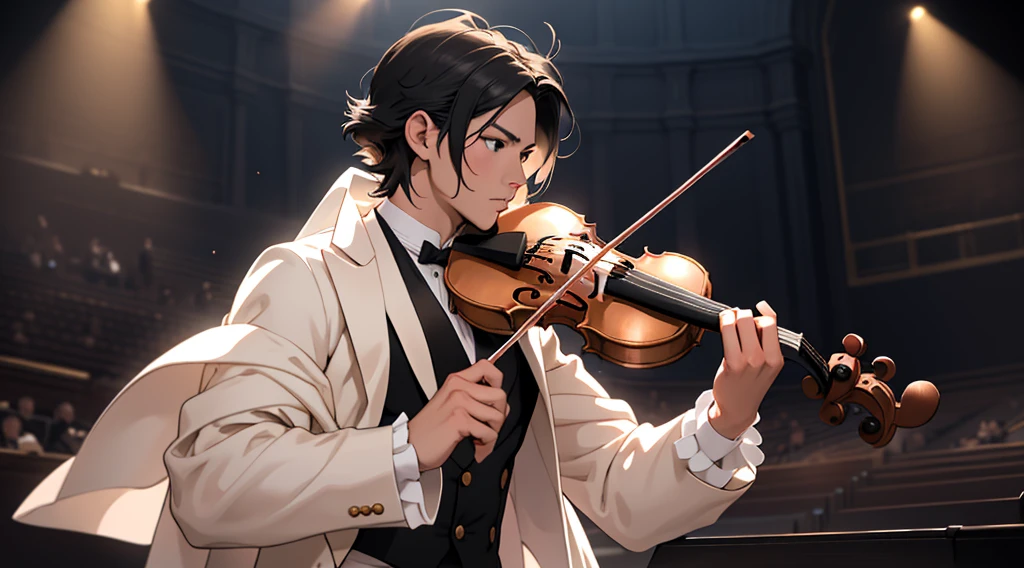 2d anime style, A strikingly dashing man, exuding elegance in his classical attire, skillfully plays a violin on stage at a grand concert amphitheater. The image captures his refined features, sculpted by soft lighting, as he expertly maneuvers the instrument with precision. This exquisite portrait, reminiscent of a Renaissance, showcases the musician's captivating presence and the timeless beauty of classical music performance