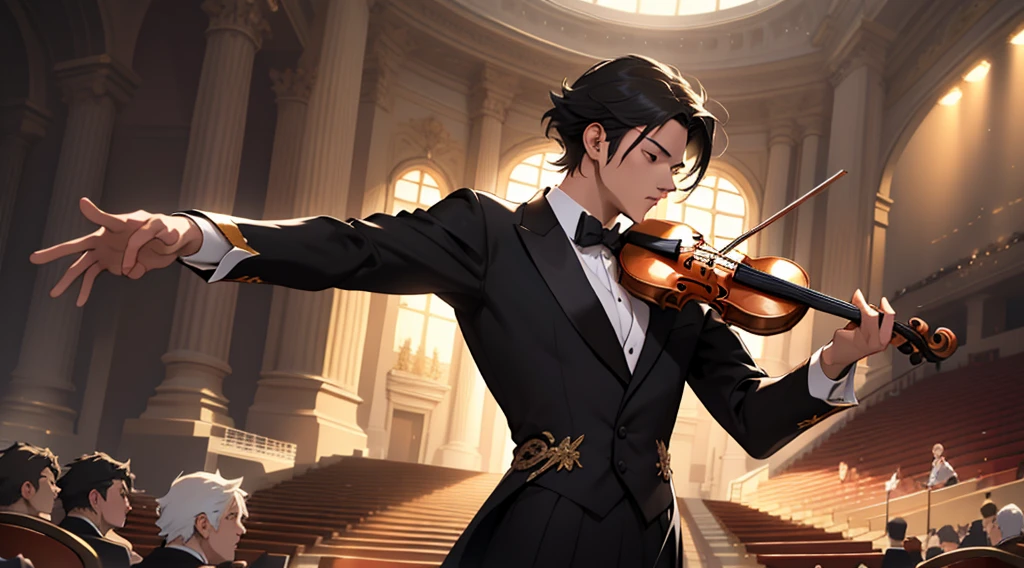 2d anime style, A strikingly dashing man, exuding elegance in his classical attire, skillfully plays a violin on stage at a grand concert amphitheater. The image captures his refined features, sculpted by soft lighting, as he expertly maneuvers the instrument with precision. This exquisite portrait, reminiscent of a Renaissance, showcases the musician's captivating presence and the timeless beauty of classical music performance