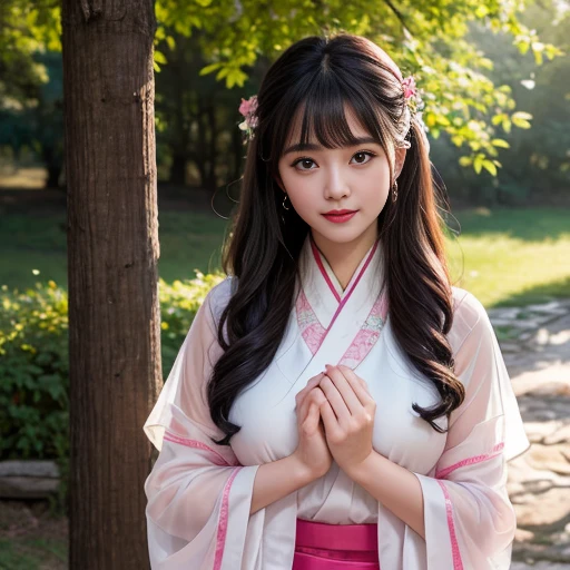 best quality, Delicate face,beautiful visual work, lifelike, eternity, black hair, Long curly hair, blunt bangs, Smile, Detailed Background, Delicate face,blush,cold,((masterpiece))、(top quality)、8k、high detail、Super detailed,41-year-old female,身穿唐制Hanfu、waist skirt, Clothes are light and fluffy,Hanfu, wide sleeves, Transparent sleeves, Tunic, Clothes made of chiffon, masterpiece、born、Scenes resembling fairy tale illustrations、intricate details和複雜的設計、Beautifully、magic、capricious、 Beautifully、Dream aesthetics、「𝓡𝓸𝓶𝓪𝓷𝓽𝓲𝓬、ethereal、charming、fickle、magic」、realism、Visual effects、FXAA、SSAO、Shader、voiceless、ambient lighting、Tone mapping、High resolution、Ultra high quality、Million pixels、(8K resolution:1.10)、8k、8k以下、8K resolution、high detail、intricate details, (high quality:1.2、masterpiece:1.2、:1.21)、(41-year-old female:1.21)、(興奮地Smile)、(被dream般的氛圍所包圍、Model diagram,full-body shot,Normal 2 feet,Put your hands behind you,The protrusion of the breast is visible when wearing clothes, Large Breasts, H cup chest, antiquity, Xian Xia, gauze clothes, Soft and fluttering, Fairy, dream, fantasy, light, Elegant, nature, Immortal, romantic, classical, ribbon, pink clothes, in tall woods, In the woods like a martial arts drama, Don't show your fingers, full-body shot,floor length skirt, full-body shot,full-body shot,full-body shot,full-body shot,full-body shot,full-body shot,full-body shot,hands hidden in clothes, hands hidden in clothes,hands hidden in clothes,hands hidden in clothes,hands hidden in clothes,hands hidden in clothes,hands hidden in clothes,hands hidden in clothes,hands hidden in clothes, ,hands hidden in sleeves ,hands hidden in sleeves ,hands hidden in sleeves ,hands hidden in sleeves ,hands hidden in sleeves ,hands hidden in sleeves ,hands hidden in sleeves ,hands hidden in sleeves