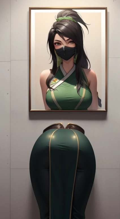 masterpiece, Best quality, very detailed, ultra high resolution, 1 girl, Akali from league of legends, face mask, Behind, Framed painting, (wall of fame pose:1.3)