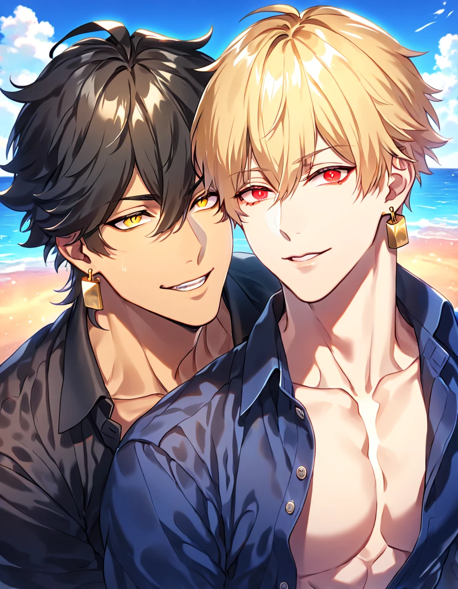 absurdres, highres, ultra detailed, HDR, master piece, best quality, detailed eyes, extremely detailed, delicated features, Gilgamesh, blonde hair, expressive red eyes, Fate Grand Order, Ozymandias, black hair, expressive yellow eyes, two sexy men together, gay couple, yaoi, handsome, manly man, dark blue shirt, unbuttoned shirt, black shirt, golden earrings, fantasy, sea, beach, blue sky