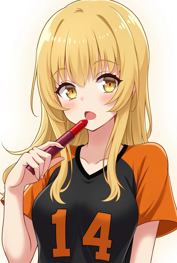 Haikyū style anime girl, blonde with golden eyes, with black and orange uniform of Karasuno with the number 14, crimson red painted lips and red lipstick in hand