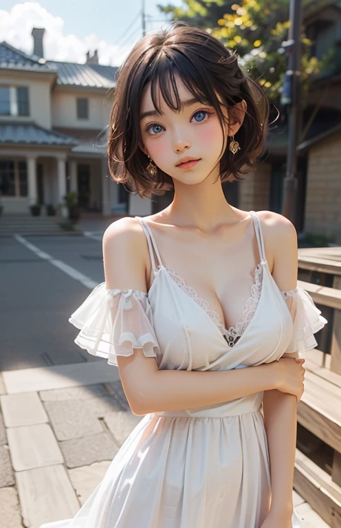 ((SFW: 1.4)),Purebred face_v1, ((Delicate face, Professional photography)), ((SFW, Super short hair, hair on the temples, blond, Large target, clear sky blue eyes, earrings, 1 girl)), Ultra-high resolution, (Practical: 1.4), RAW photos, best quality, (PhotoPractical Stick), Key Points, Soft Light, (()), (( (Young face))), (surface), (Depth of Field), masterpiece, (Practical), Miss, Bangs,Braids, ((1 girl)), White nude see-through dress, slim, (Large target_breast:1.2,big nipples)。