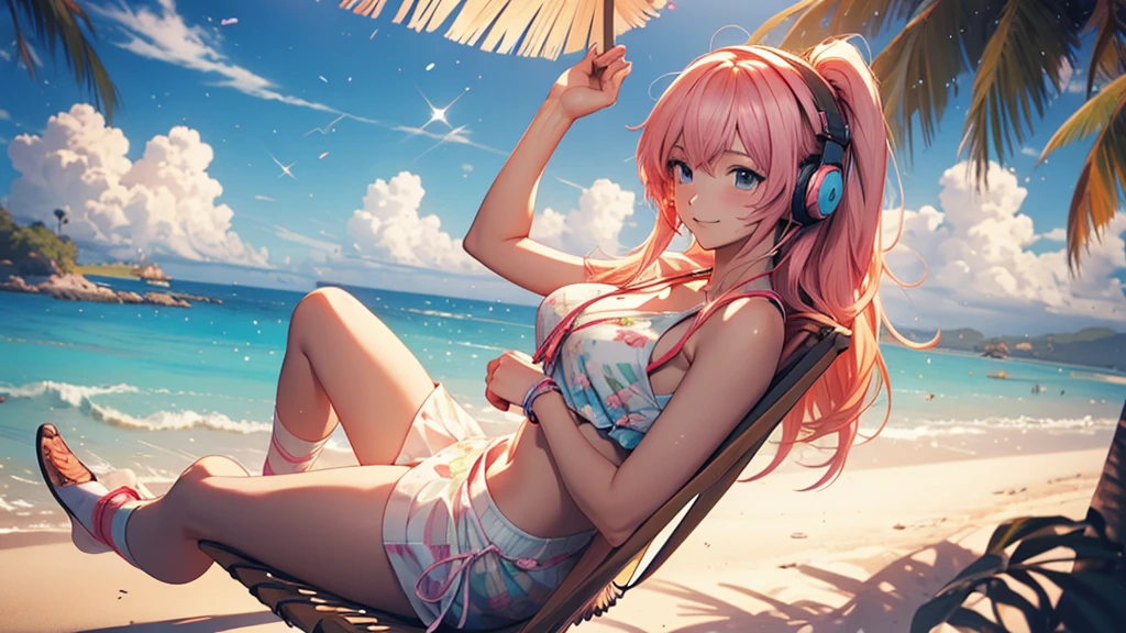 Woman wearing headphones, Anime Style 4 k, anime wallpaper 4k, anime wallpaper 4k, 4k anime wallpaper, anime art wallpaper 4k, anime art wallpaper 4k, Anime Style. 8k, Anime atmosphere, , Ultra HD Anime Wallpaper, Anime Art Wallpaper 8K, Anime Background,landscape、summer、island、hammock、hammockに揺られる、Beach