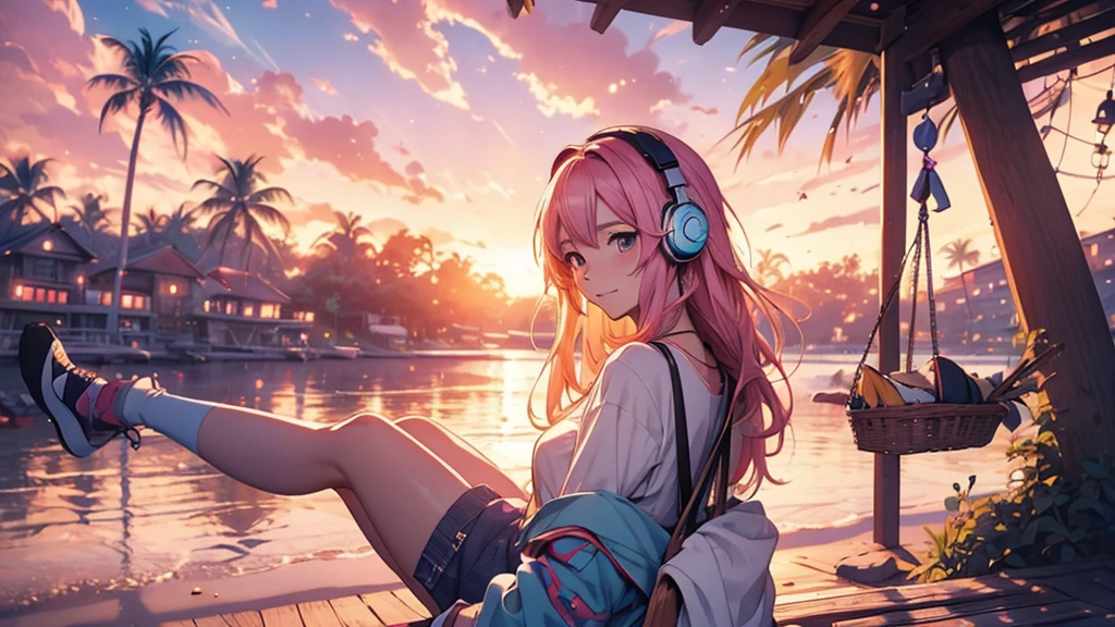Woman wearing headphones, Anime Style 4 k, anime wallpaper 4k, anime wallpaper 4k, 4k anime wallpaper, anime art wallpaper 4k, anime art wallpaper 4k, Anime Style. 8k, Anime atmosphere, , Ultra HD Anime Wallpaper, Anime Art Wallpaper 8K, Anime Background,landscape、summer、island、hammock、hammockに揺られる、Beach