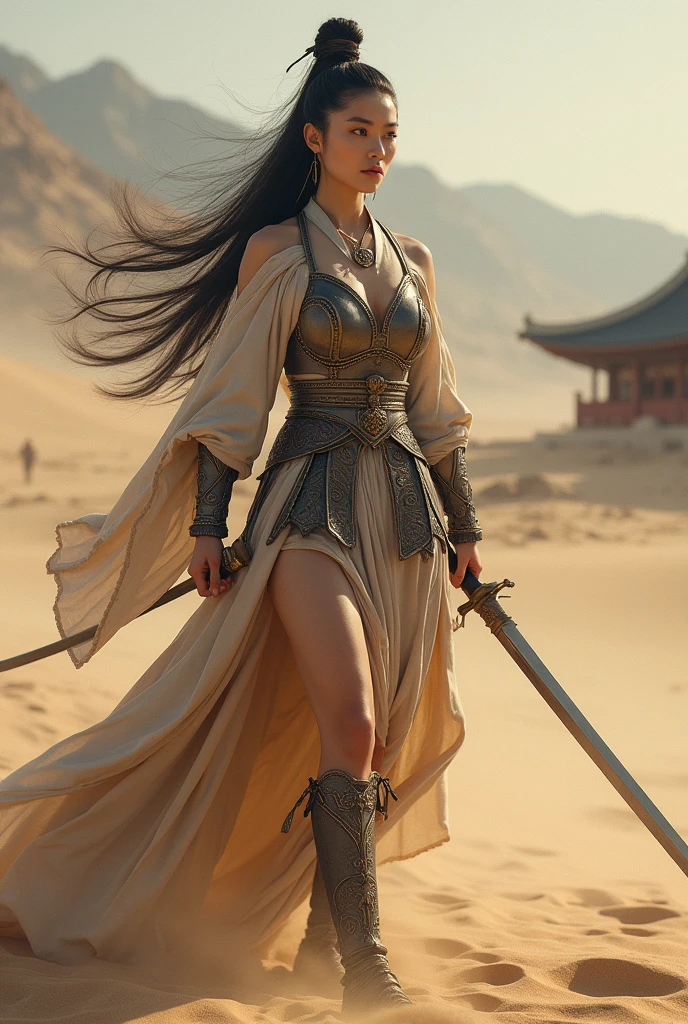 (masterpiece), full hd, best quality, 1 girl, solo, 16 years old, beautiful, shapely, Proportional body, perfect body figure, cold face, long hair flying in the wind, epic, myth, Photos with depth, wind, expressive eyes, perfect face, 1 girl, solo, Portrait of an ancient Korean female warrior wearing armor fighting fiercely in the desert, In the distance is an ancient Korean temple, long legs, curvy, big breasts