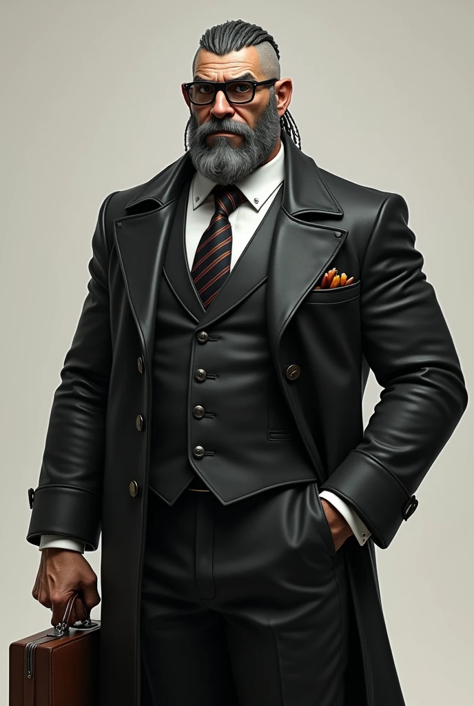 make an image of a half-orc with these characteristics: he is strong, he has a strong body, he wears a medieval suit with a black overcoat, he carries a briefcase, your hair is braids at the roots like men, wears flat rectangle glasses, He has no beard and his skin is grayish