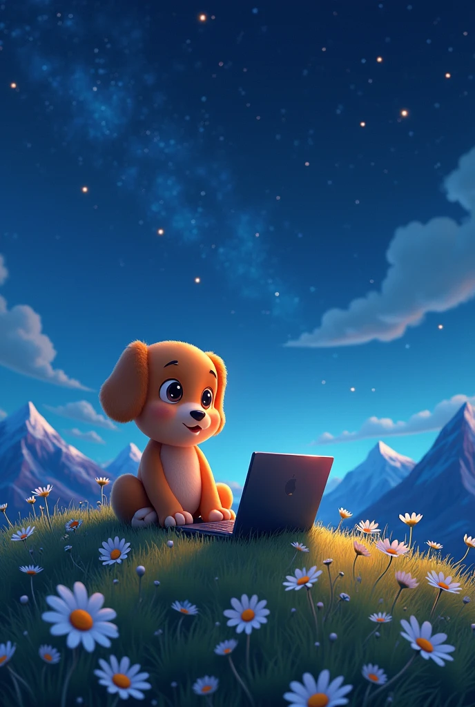 Make a laptop background of Pochaco and Snopy watching the stars on a mountain full of daisies and everything that looks like 3D
